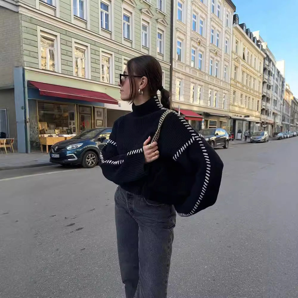 Women's Oversize Knit Sweater with Stand Collar, Balloon Sleeves and Decorative Stitch Mune Fashion