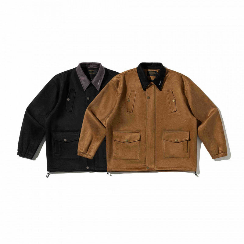 Men's boxy wool blend blouson jacket with cord collar, flap pockets, and drawstring hem Mune Fashion