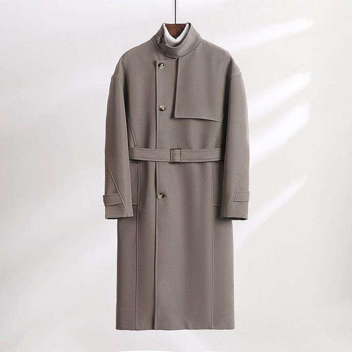 Men's Long-Cut Minimalist Trench Coat with Shawl Collar and Adjustable Sleeve Straps Mune Fashion