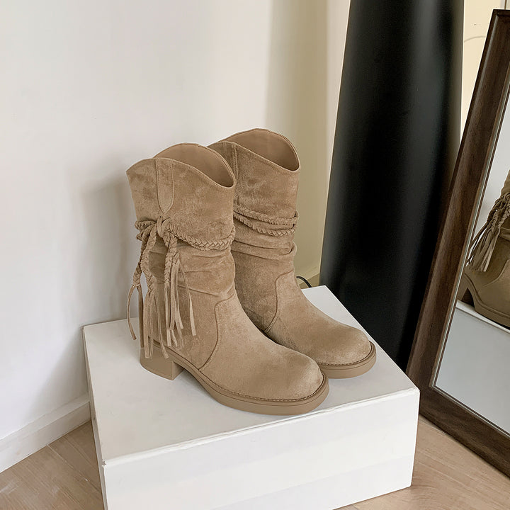 Women's Calf-Height Suede Boots with Braided Tassel Strap Mune Fashion