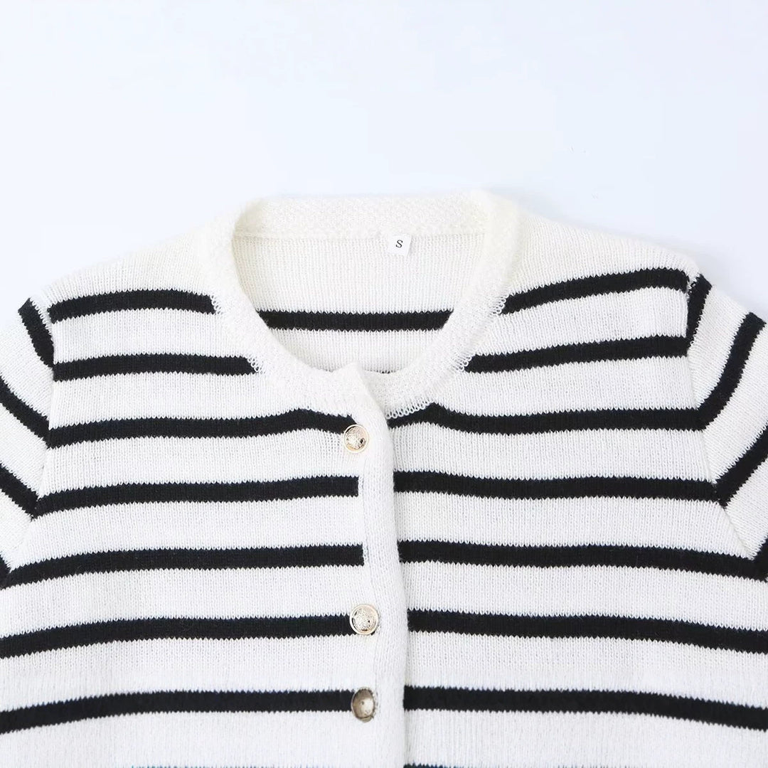 Women's Striped Fine Knit Cardigan with Round Neckline, Patch Pockets and Decorative Buttons Mune Fashion