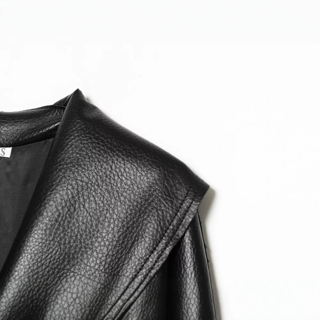 Women’s short jacket in leather look with large shawl collar, wrap belt and textured surface Drune
