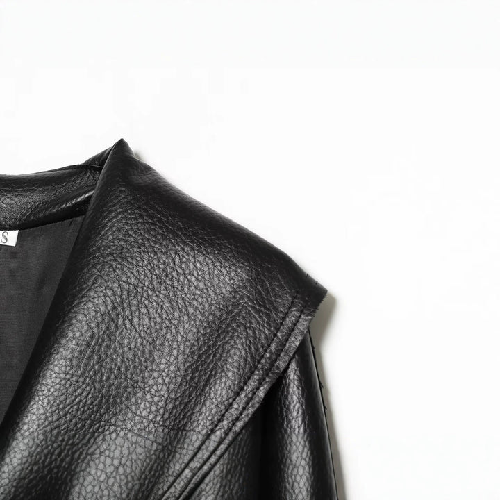 Women’s short jacket in leather look with large shawl collar, wrap belt and textured surface Drune