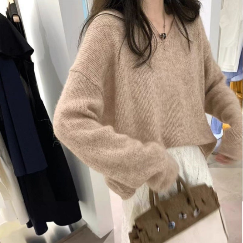 Women Oversize V-neck Mohair-look Pullover with Angora-look and dropped shoulder Mune Fashion