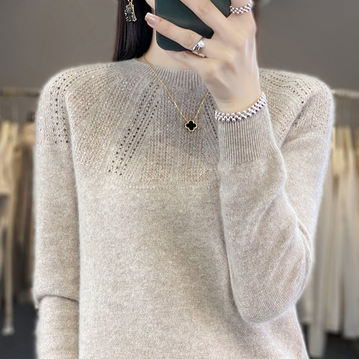 Ladies Soft Cashmere-Look Fine Knit Sweater with Ajour-Yoke and Sequin Trim Mune Fashion