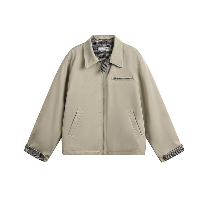 Unisex Short Cut Boxy Blouson Jacket with Checked Lining and Chest Zip Pocket Mune Fashion
