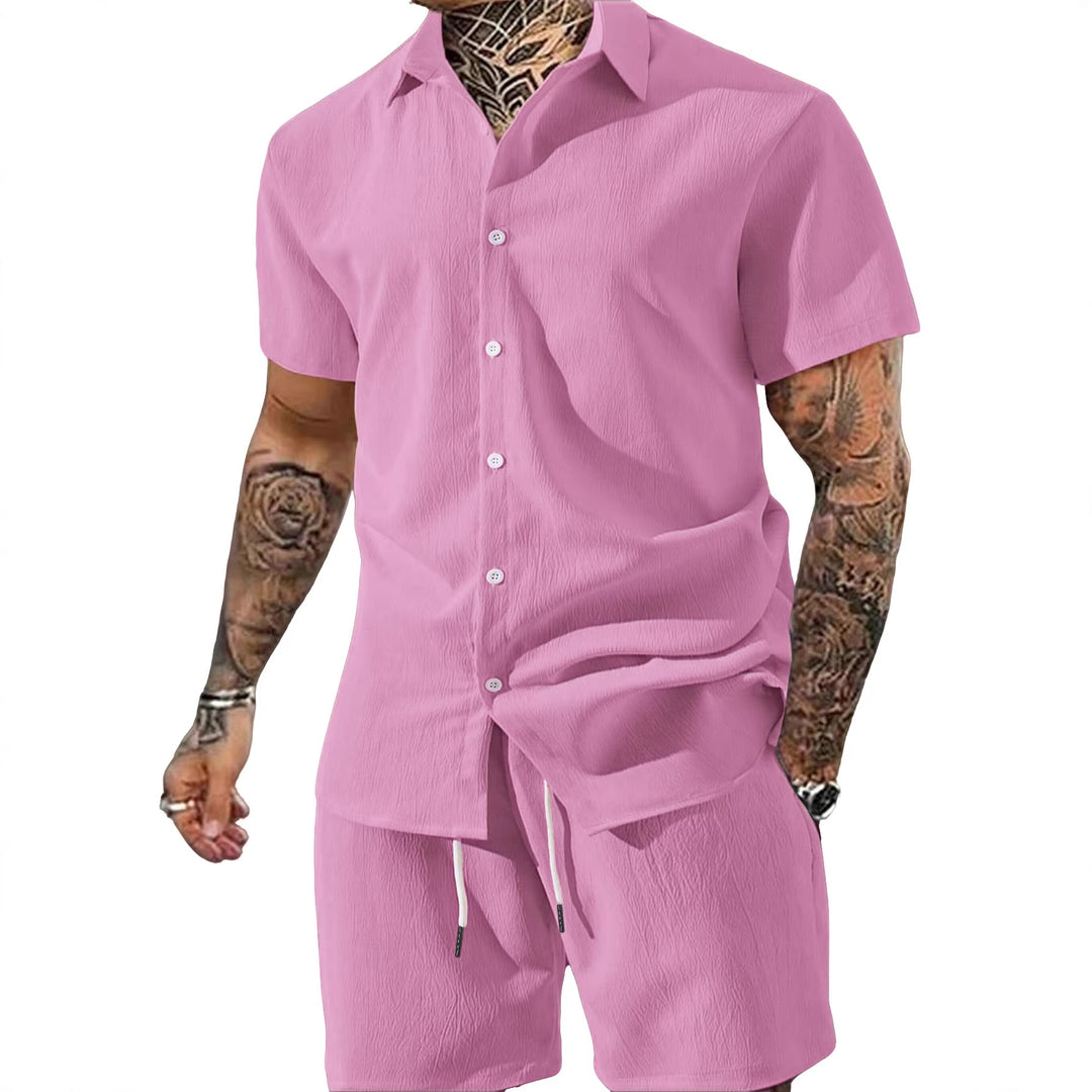 Men's Crinkle Lounge Set with Open Lapel Shirt, Integrated Short Sleeve T-Shirt, and Drawstring Bermuda Mune Fashion