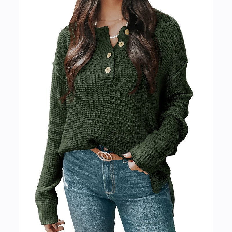 Women's Relaxed Waffle Texture Henley Pullover with Button Placket and Dropped Shoulder Mune Fashion