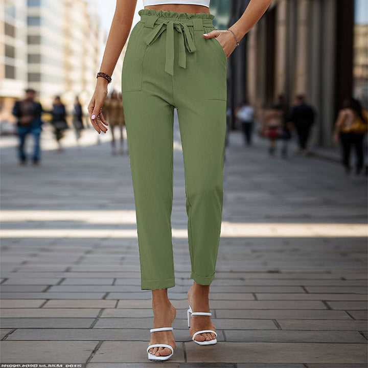Women's Lightweight Paperbag Pants with Elastic Waistband, Tied Belt and Patch Pockets Mune Fashion