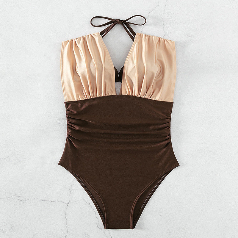Women's one-piece swimsuit with deep V-neck and elegant waist belt Mune Fashion