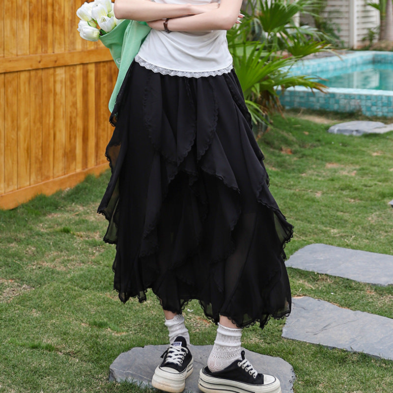 Women's multi-layered flounced tulle skirt with elastic comfort waistband and delicate lace trim Mune Fashion