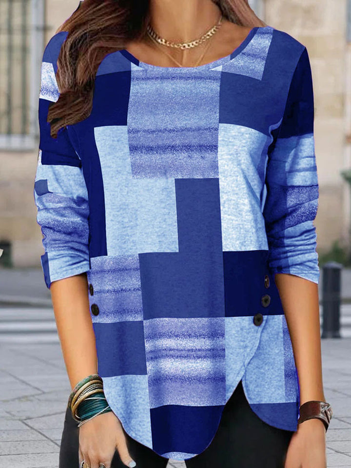 Women Patterned Long Sleeve Tunic Shirt with Asymmetrical Hem and Decorative Button Placket Mune Fashion
