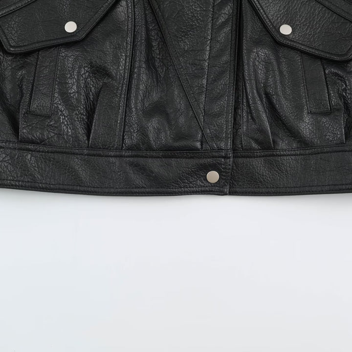 Women's Oversized Faux Leather Cape Jacket with High Standing Collar and Flap Pockets Mune Fashion