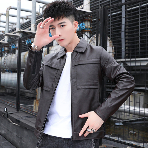 Men's slim faux leather trucker jacket with flap pockets and concealed zipper Mune Fashion