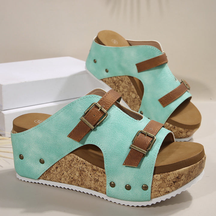 Ladies nan cork wedge sandals with two adjustable buckles, stud application and ergonomic footbed Mune Fashion