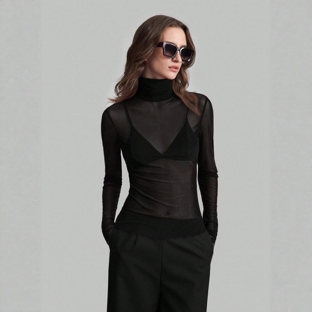 Women's fine transparent mesh long-sleeve top with turtleneck and fitted shape Mune Fashion