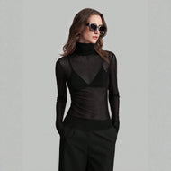 Women's fine transparent mesh long-sleeve top with turtleneck and fitted shape Mune Fashion