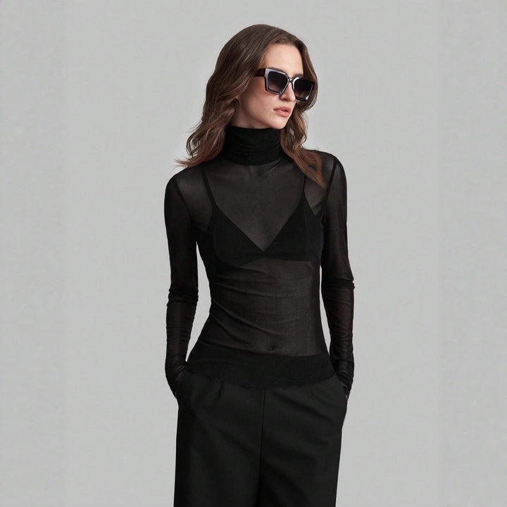 Women's fine transparent mesh long-sleeve top with turtleneck and fitted shape Mune Fashion