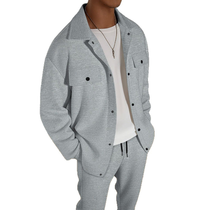 Men's two-piece overshirt lounge set with patch flap pockets, drawstring pants, and fine waffle texture Mune Fashion