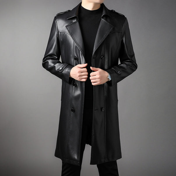 Men's Double-breasted Tailored Leather Coat with Belt Mune Fashion