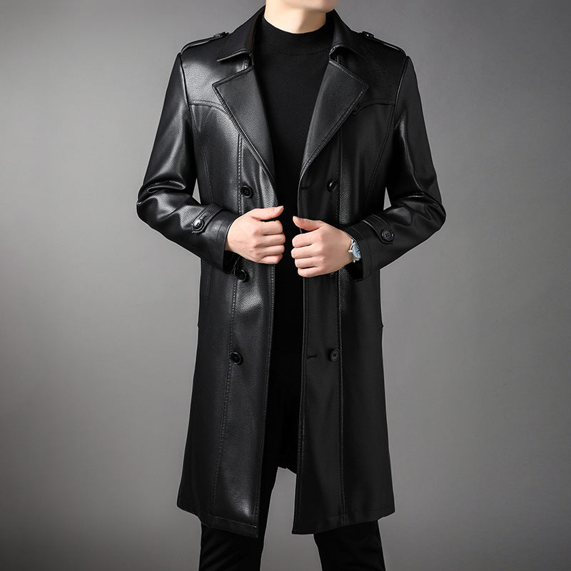 Men's Long Leather Trench Coat with Waist Belt and Double-Breasted Button Placket Mune Fashion