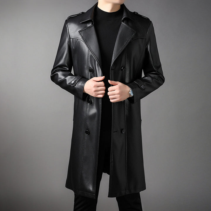 Men's Long Leather Trench Coat with Waist Belt and Double-Breasted Button Placket Mune Fashion