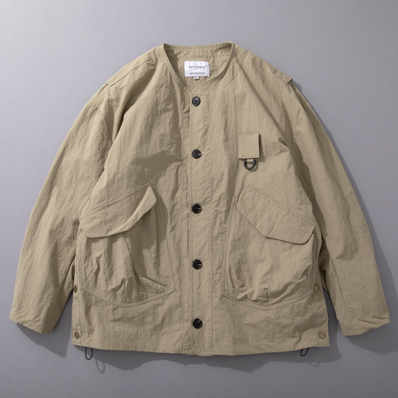Men's Collarless Utility Field Jacket with Patch Pockets and Drawstring Mune Fashion