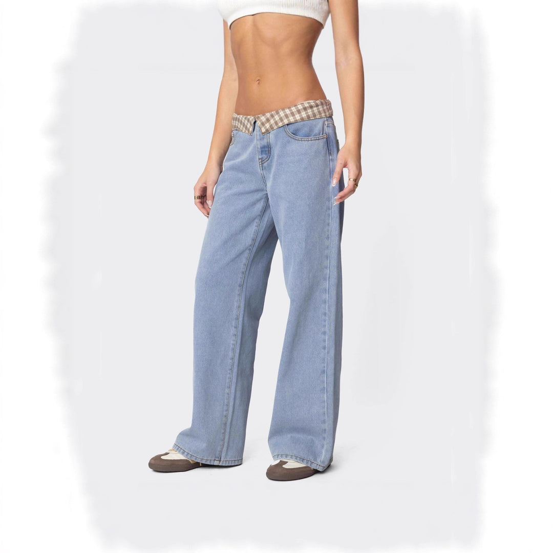 Women's wide flared jeans with turned-up check waistband and classic five-pocket cut Mune Fashion