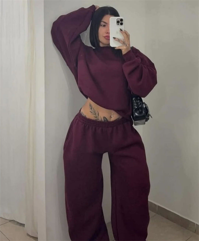 Women's Cropped Sweatshirt with High Round Neck and Elastic Drawstring Wide-Leg Jogging Pants Set Mune Fashion