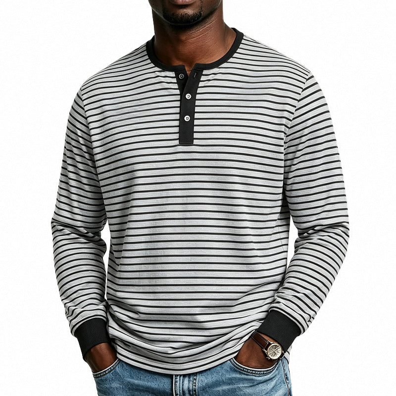 Men Striped Long Sleeve Henley Shirt Made of Cotton Blend with Button Placket Mune Fashion