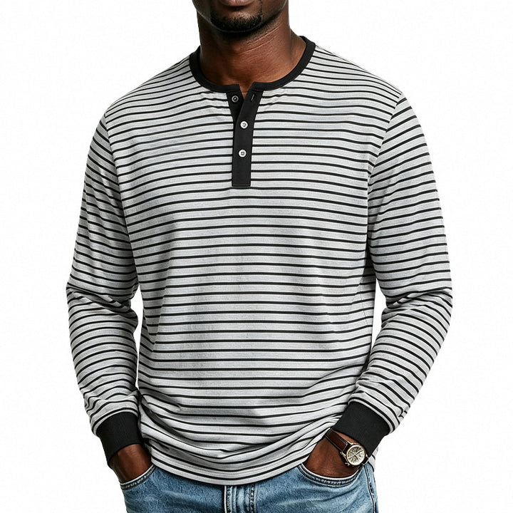 Men Striped Long Sleeve Henley Shirt Made of Cotton Blend with Button Placket Mune Fashion