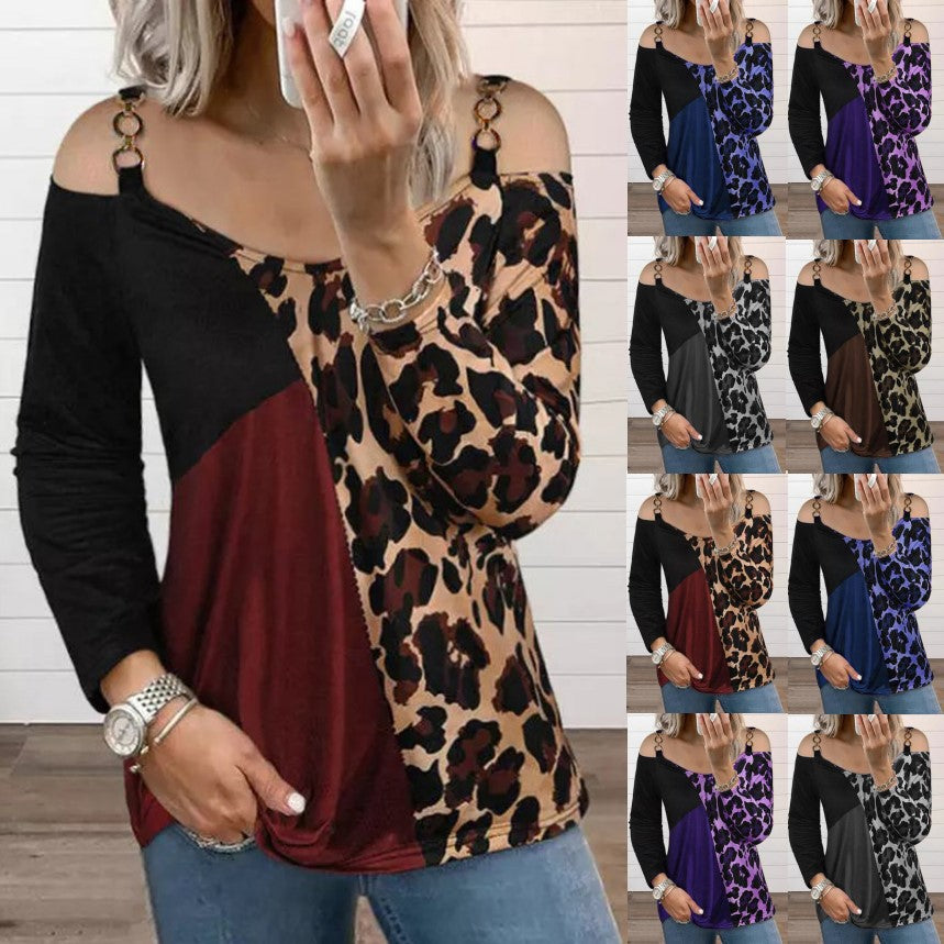 Women Off-Shoulder Patchwork Long Sleeve with Leopard Print and Ring Detail Strap Mune Fashion