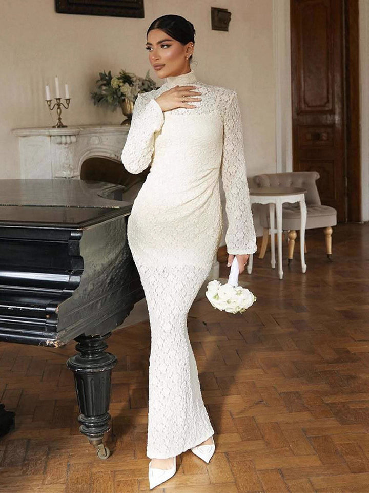 Women Elegant form-fitting Maxi dress made of lace with a stand-up collar and trumpet sleeves Mune Fashion