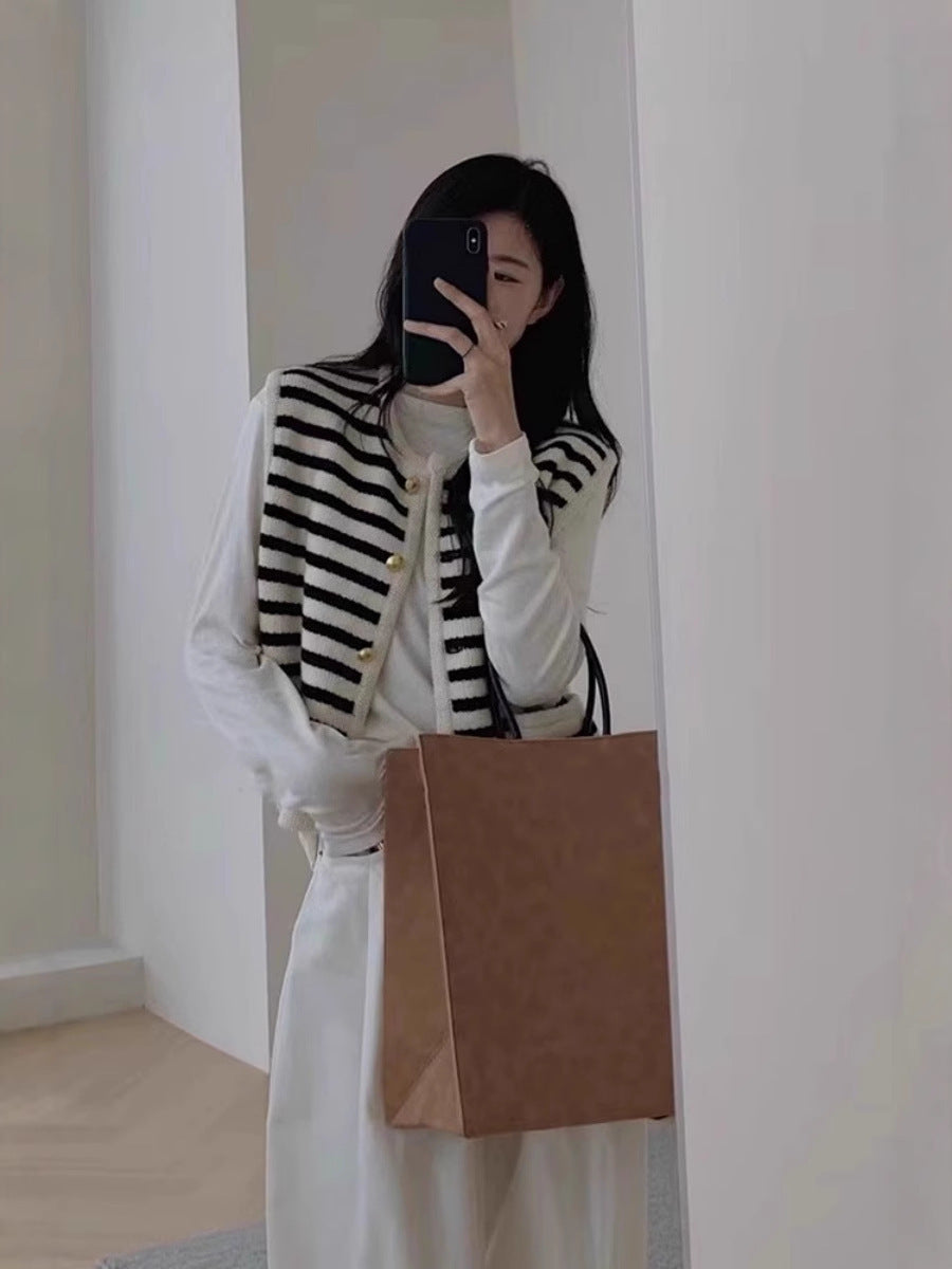 Women Short-Cut Striped Knit Vest with Gold-Colored Buttons and Patch Pockets Mune Fashion
