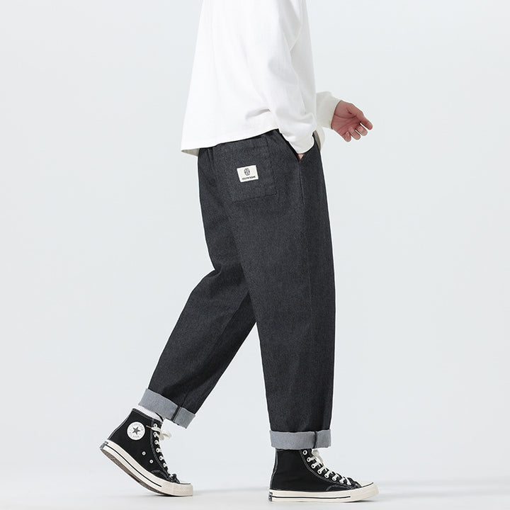 Men's Loose Fit Cropped Denim Pants with Cuff and Label Patch Mune Fashion