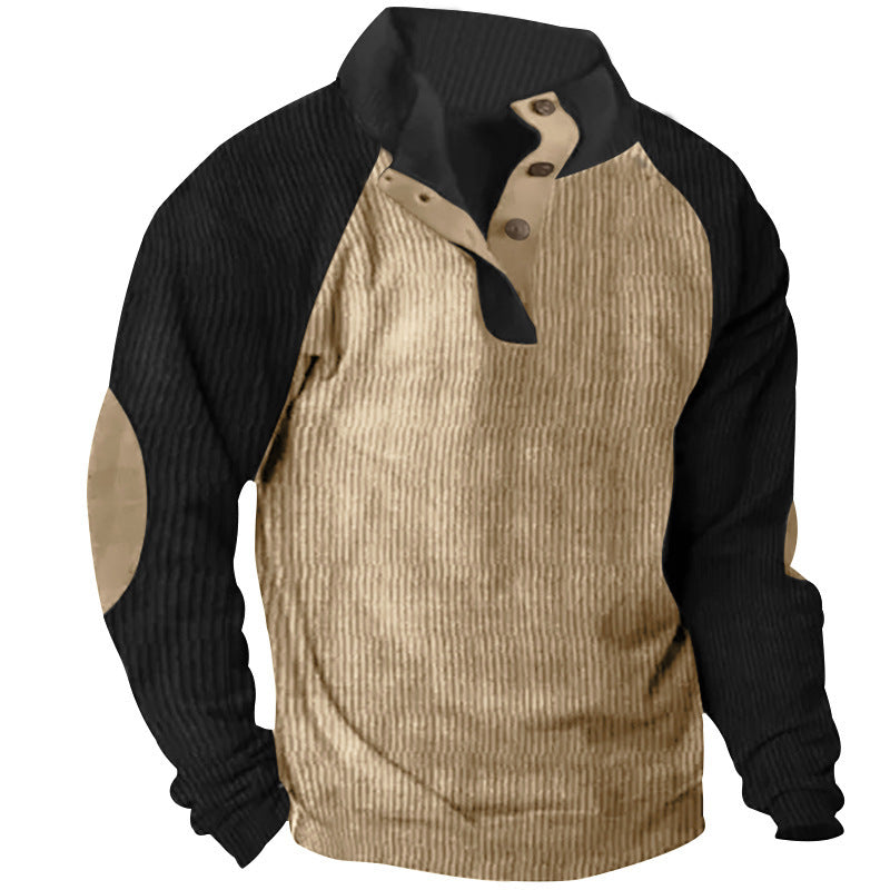 Men's Structured Raglan Henley Pullover with Stand Collar, Elbow Patches & Button Placket Mune Fashion