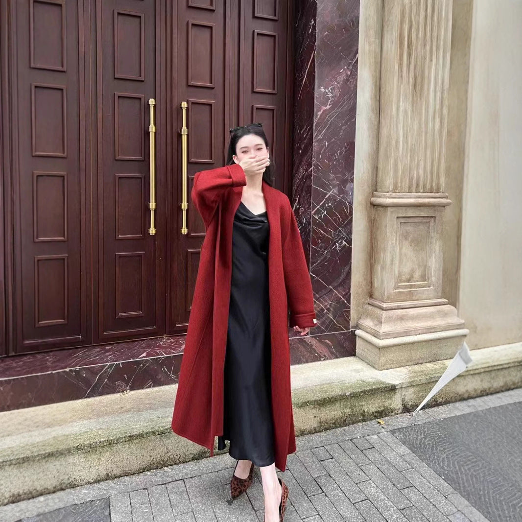 Ladies Mid-length Wrap Coat with Tied Belt and Shawl Collar Mune Fashion
