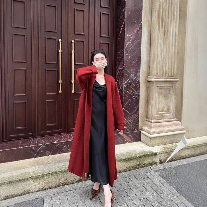 Ladies Mid-length Wrap Coat with Tied Belt and Shawl Collar Mune Fashion