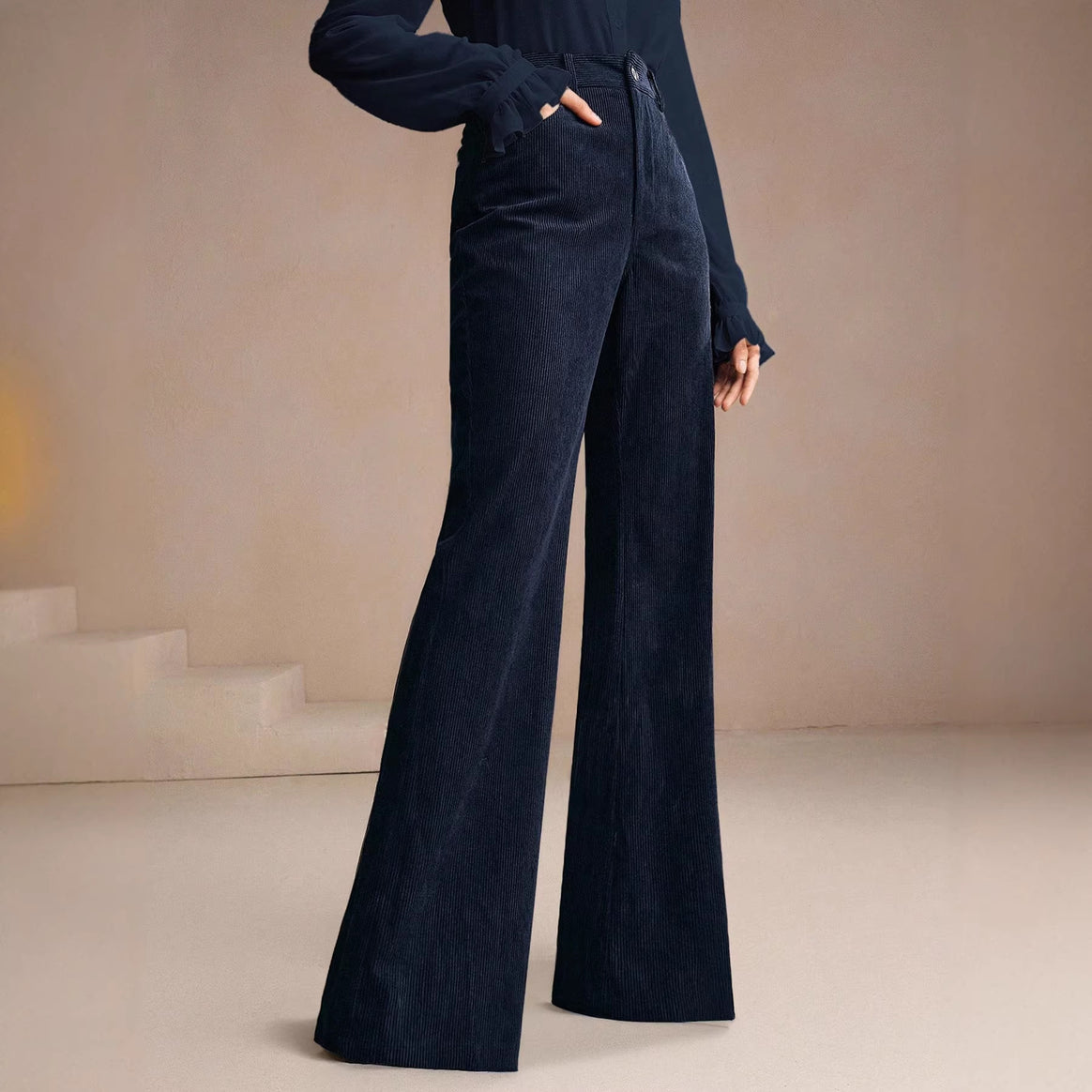 Ladies high-waisted corduroy pants with wide flares and front pockets Mune Fashion