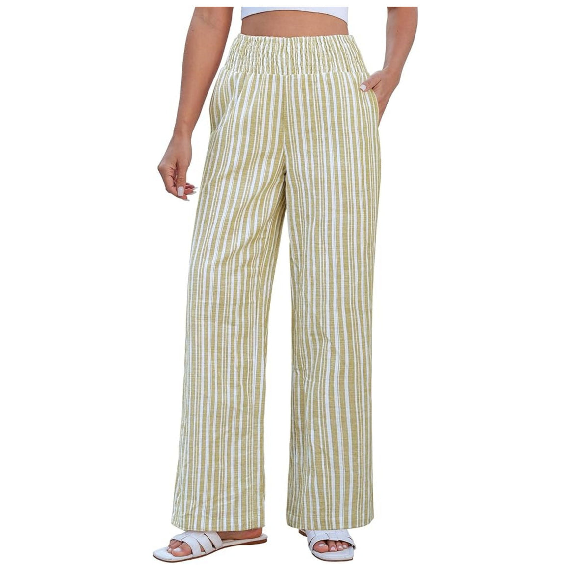 Women Lightweight Linen Look Palazzo Pants with High Smocked Waistband and Side Pockets Mune Fashion