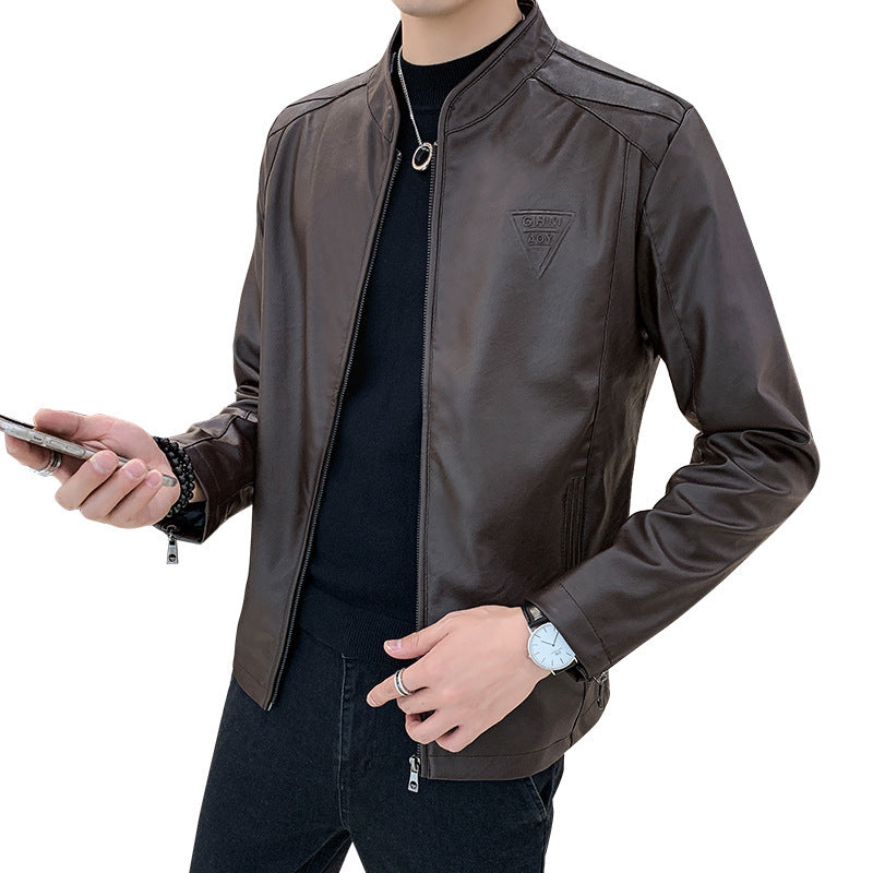 Men's Slim Faux Leather Moto Blouson with Stand Collar and Zipper Sleeves Mune Fashion