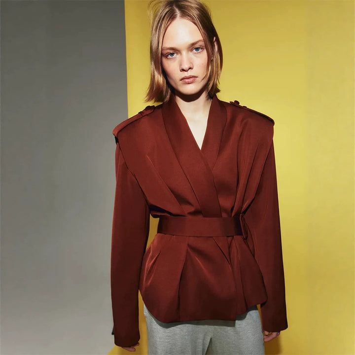 Women Tailored Wrap Blazer with Wide Belt and Decorative Epaulettes Mune Fashion