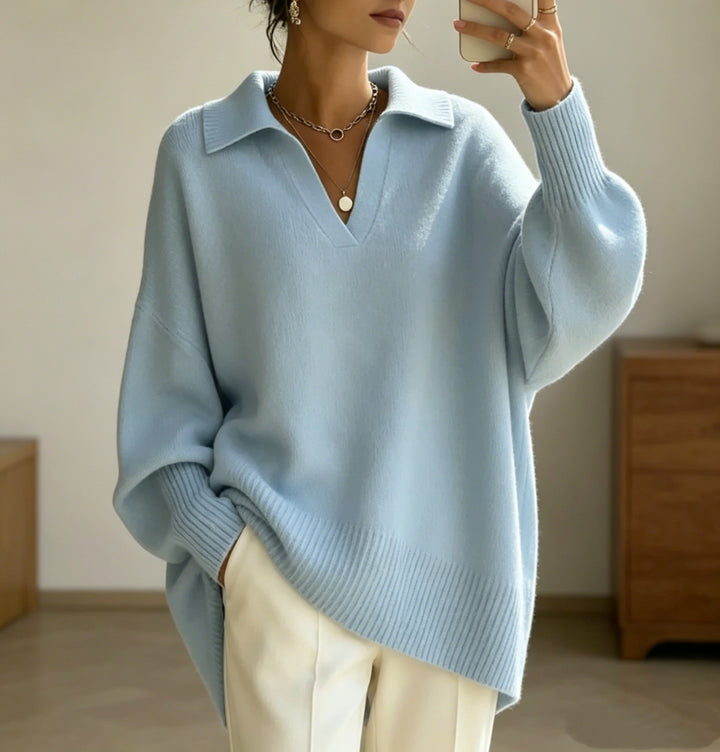 Women Oversize Polo Collar V-Neck Knitted Sweater with Balloon Sleeves Mune Fashion