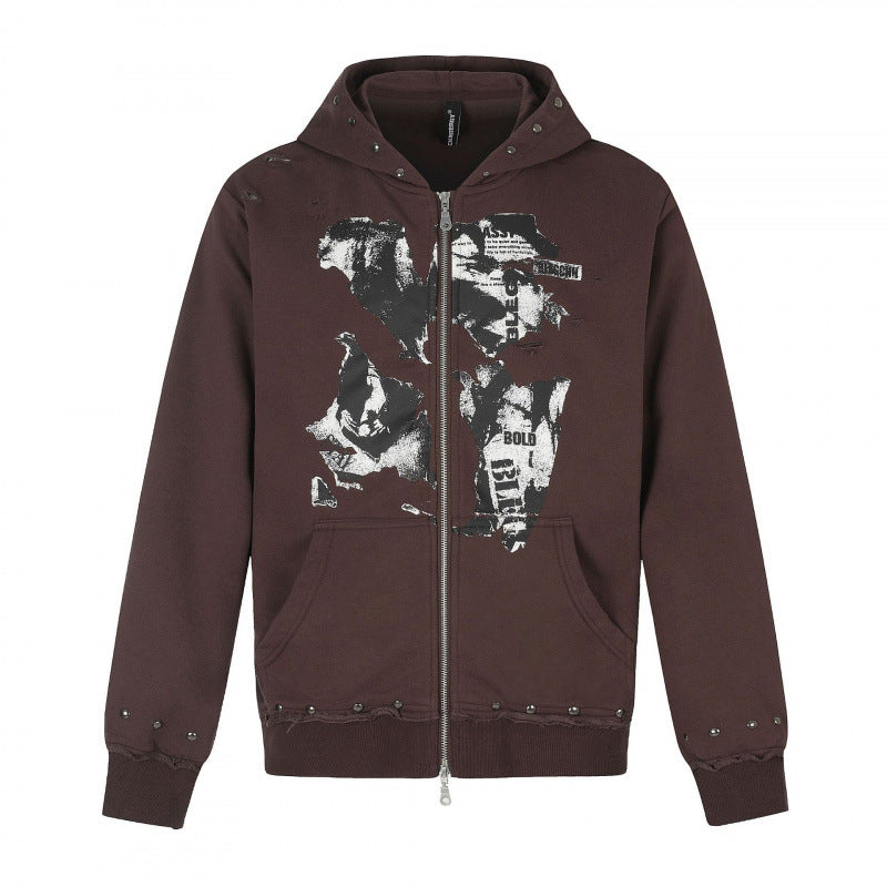 [Men] Hooded sweatshirt jacket with full zip, vintage print and studded details Mune Fashion