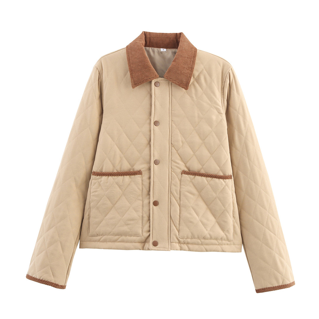 Women's quilted short jacket with cord collar, snap button placket and patch pockets Mune Fashion