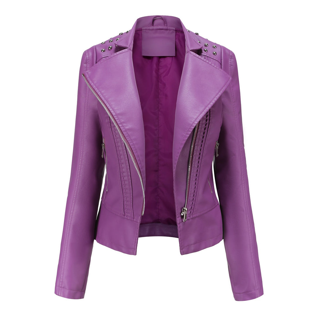 Women's cropped biker jacket made of faux leather with studs and asymmetrical zipper Mune Fashion