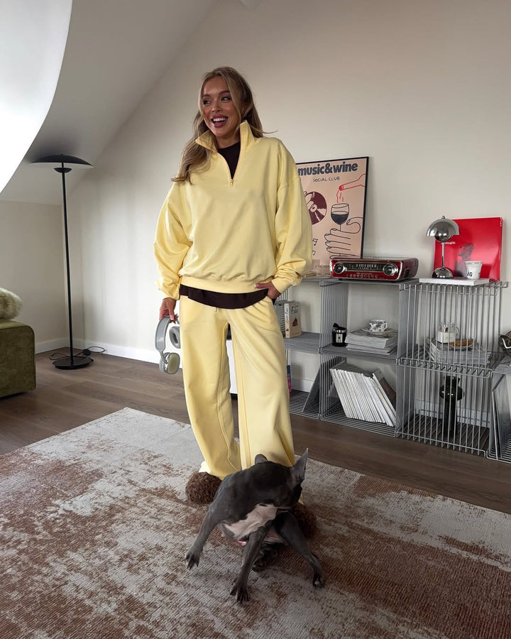 Women nan Oversize Half-zip Pullover with Stand-up Collar and Wide Lounge Pants Set Mune Fashion