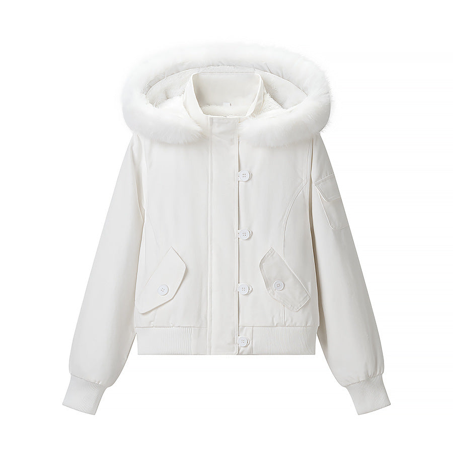 Women's short cut winter bomber jacket with hood and faux fur trim Mune Fashion