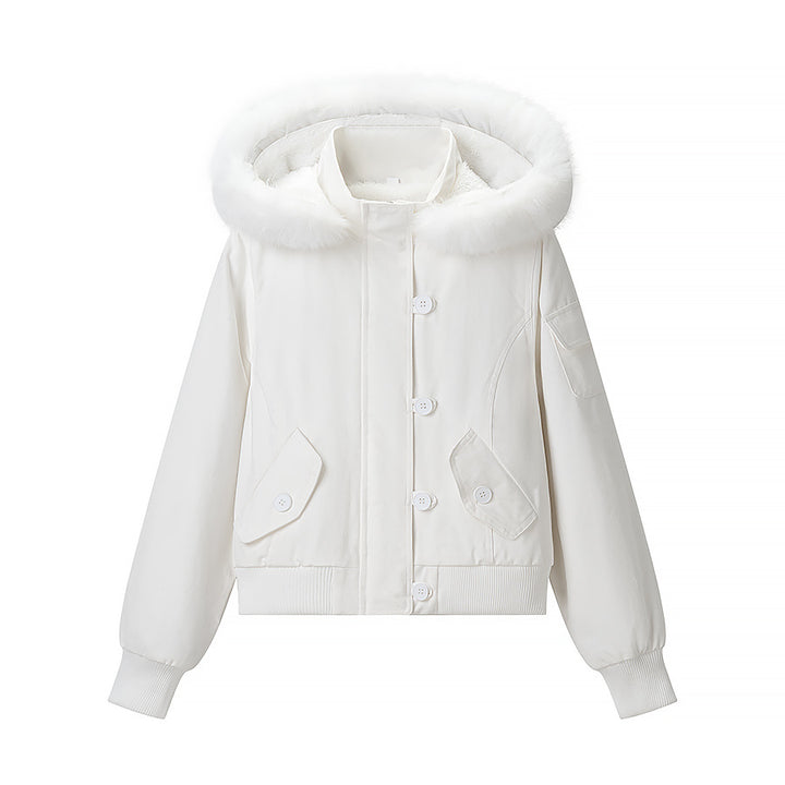 Women's short cut winter bomber jacket with hood and faux fur trim Mune Fashion