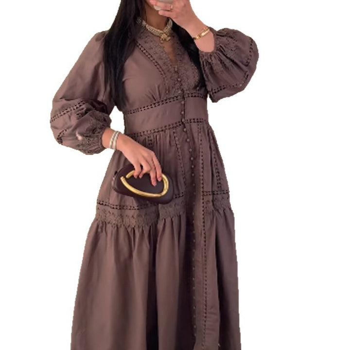 Women's maxi dress in boho style with lace inserts, button placket, and balloon sleeves Mune Fashion